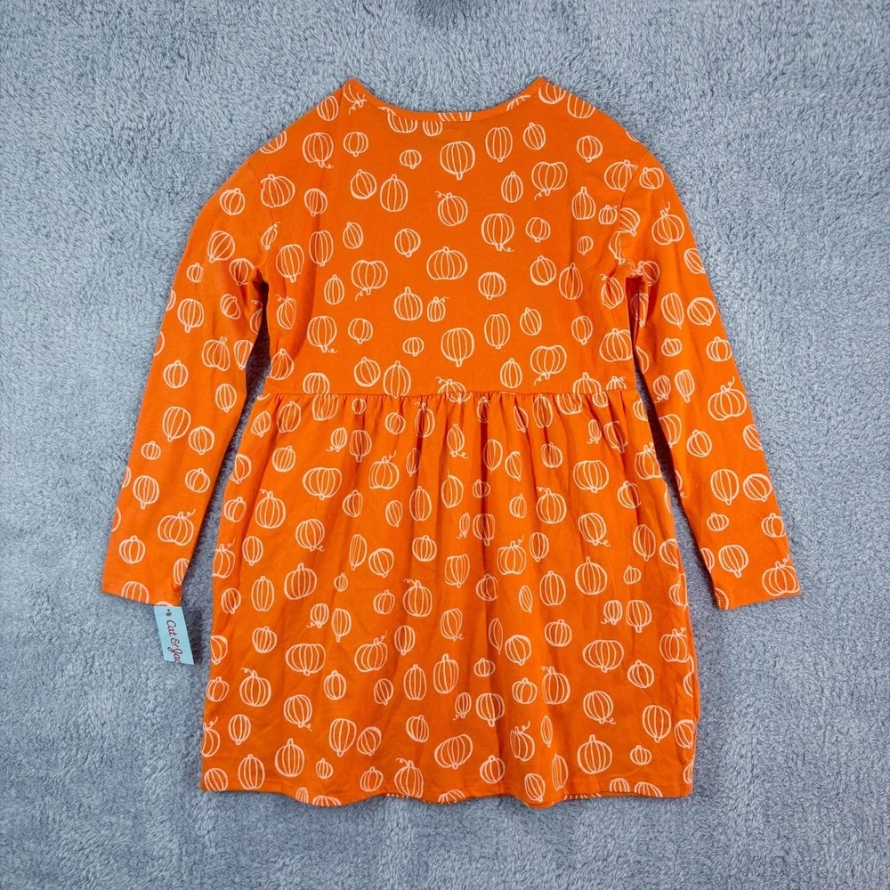 NEW Cat & Jack Girls Orange Pumpkin Print Long Sleeve Dress Kid‎ Size Halloween
